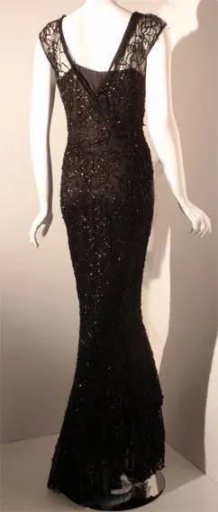 VINTAGE Circa 1930s 2 pc Black Sequin Gown with Silk Slip Dress