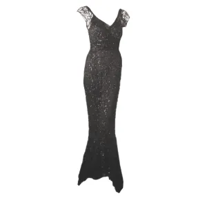 VINTAGE Circa 1930s 2 pc Black Sequin Gown with Silk Slip Dress