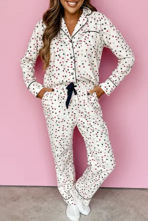 White Contrast Pipping Star Print Long Sleeve and Pants Pajamas Set