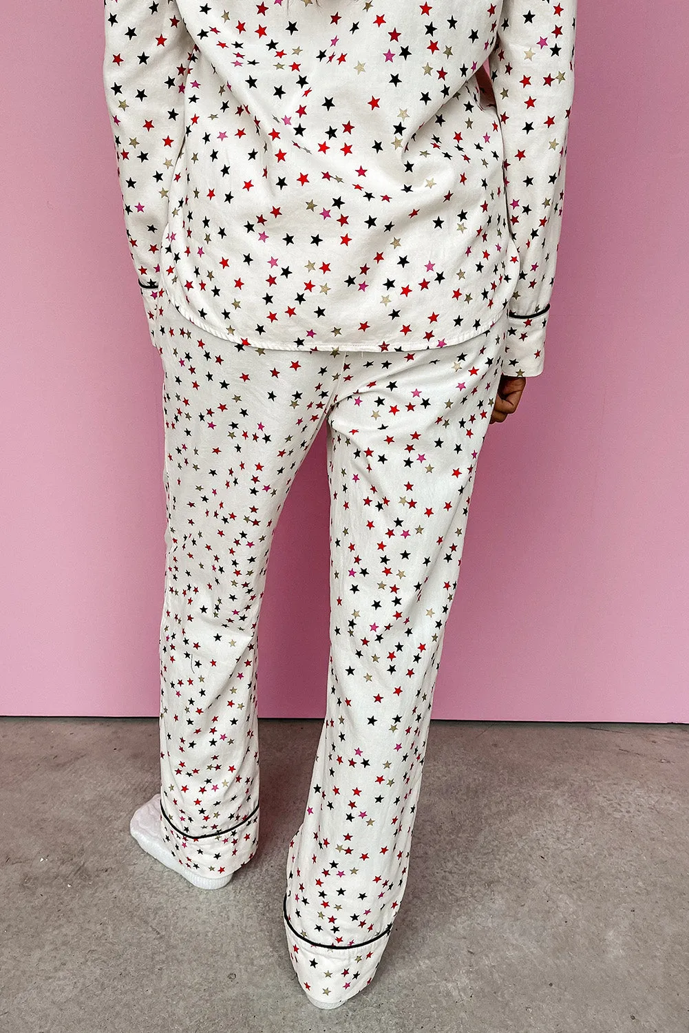 White Contrast Pipping Star Print Long Sleeve and Pants Pajamas Set