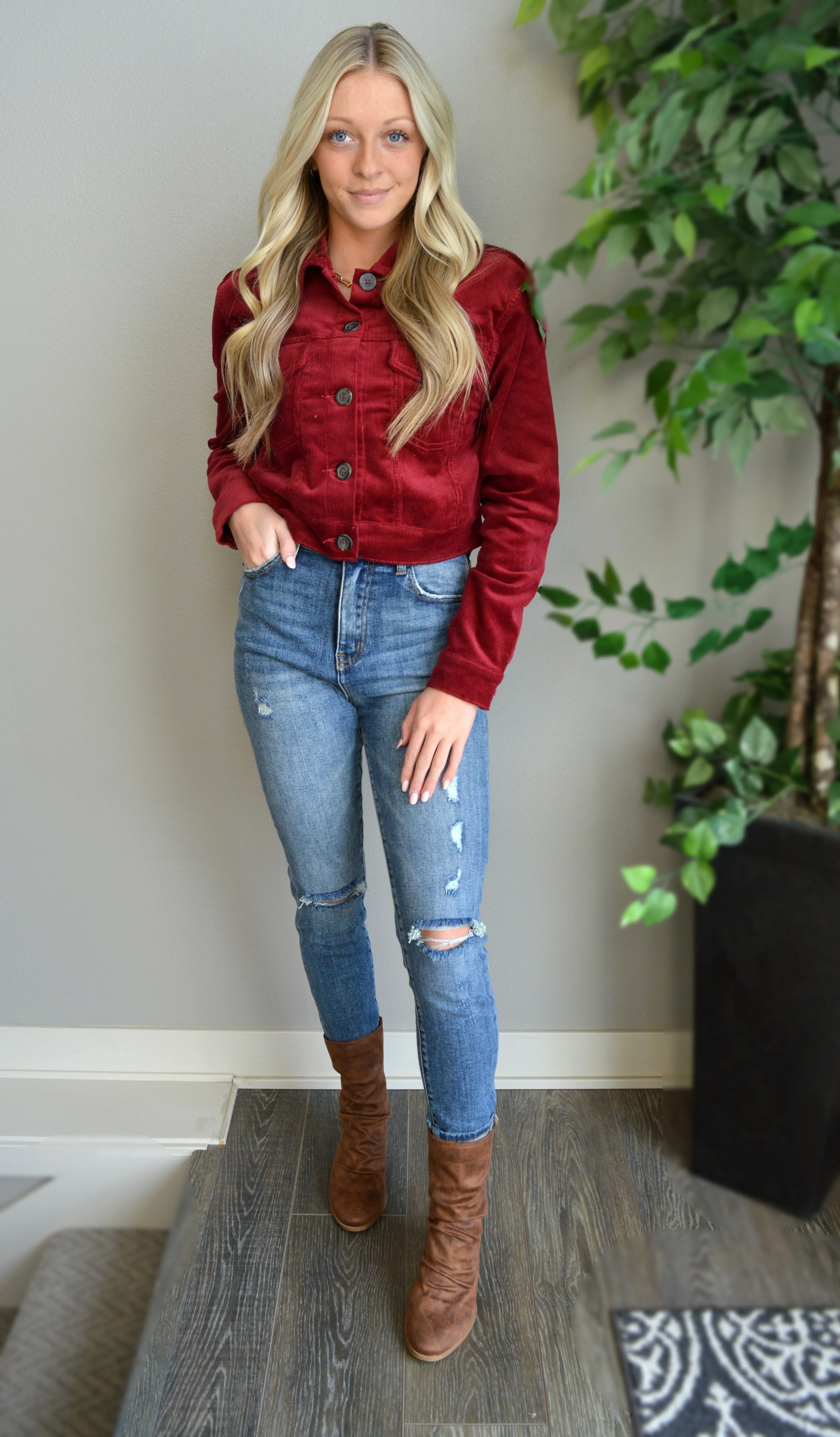 Wine and Dine Me Cropped Corduroy Jacket