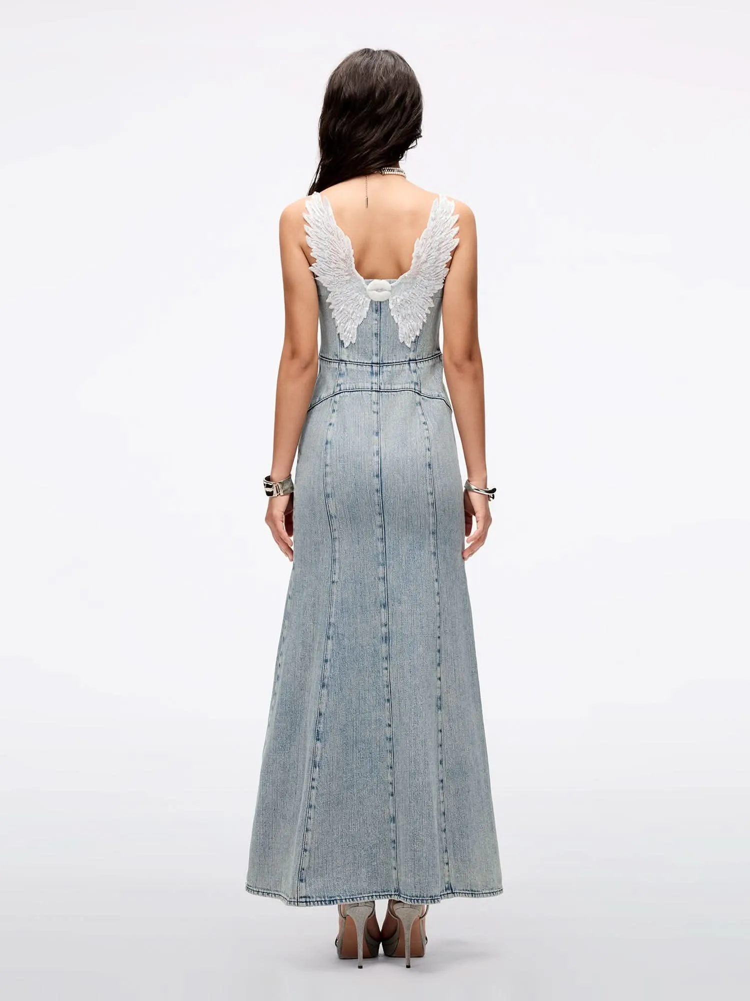 Wing-Embellished Beaded Slip Dress
