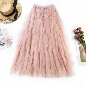 Women Boho Long Skirt High Waist Ruffles Women Beach Skirts Pink Jupe Femme Tulle Skirt Saia Midi Faldas