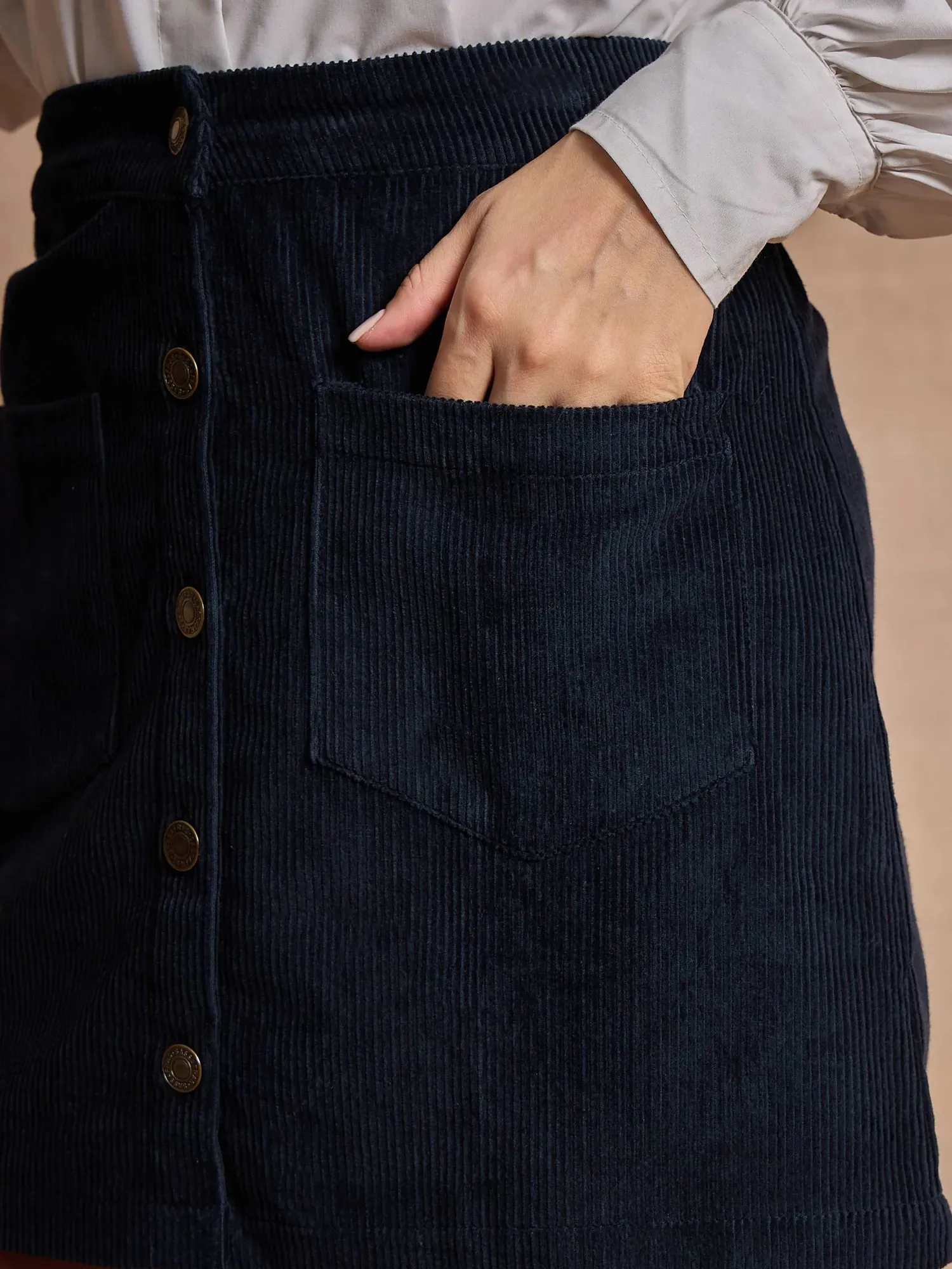 Women Navy Blue Front Button Mini Skirt-SFSKRT30475