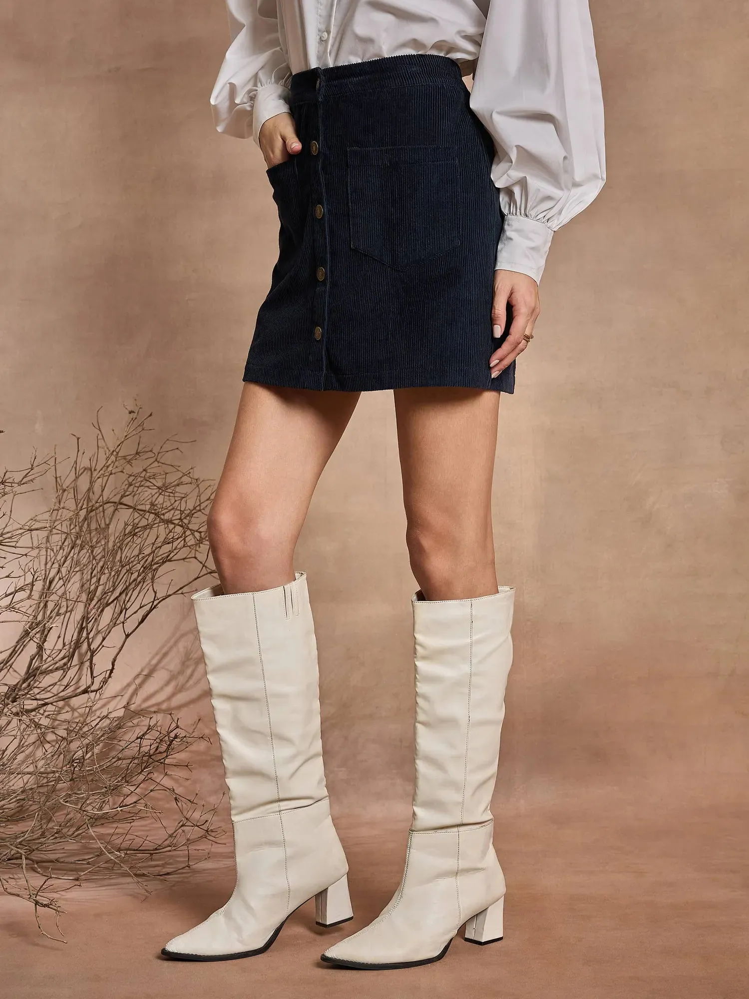 Women Navy Blue Front Button Mini Skirt-SFSKRT30475