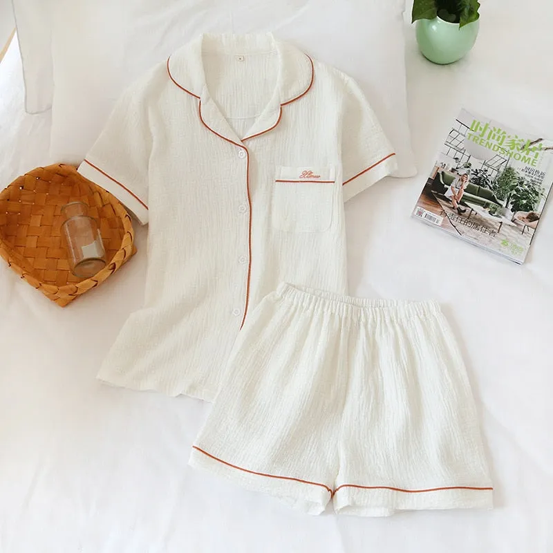 Women's & Men's Couple's Cotton Short-Sleeve Shirt & Shorts Pajamas Set