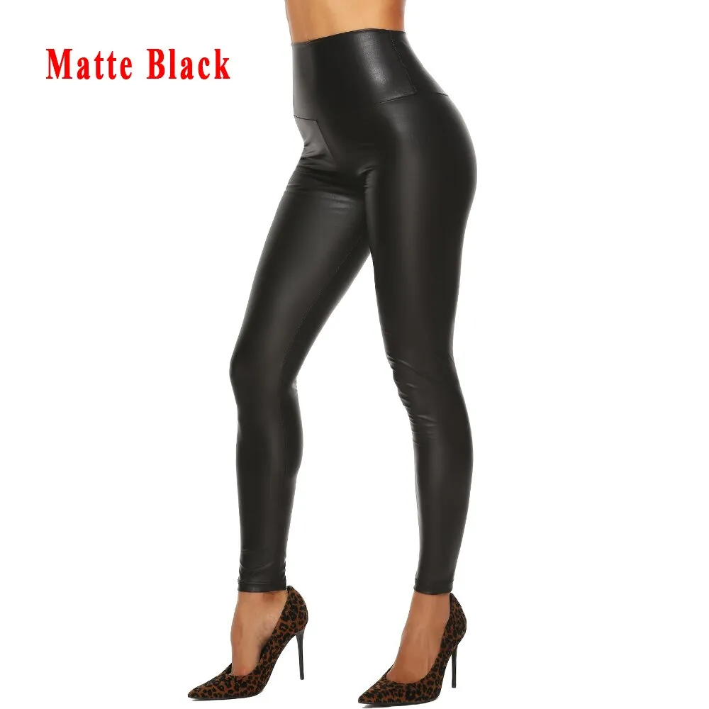 Womens Elastic High Waist Leopard Faux Leather Pants