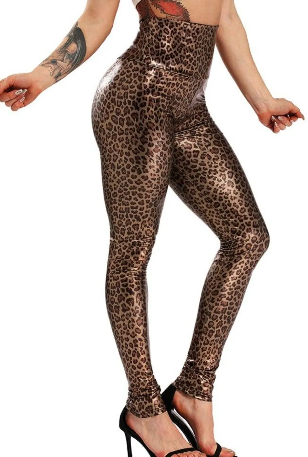 Womens Elastic High Waist Leopard Faux Leather Pants