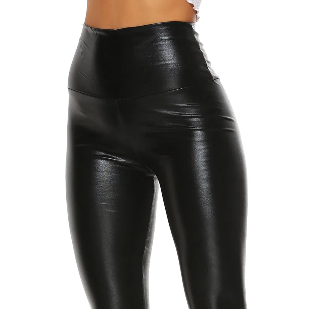 Womens Elastic High Waist Leopard Faux Leather Pants