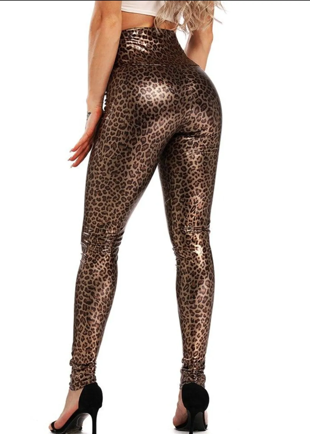 Womens Elastic High Waist Leopard Faux Leather Pants