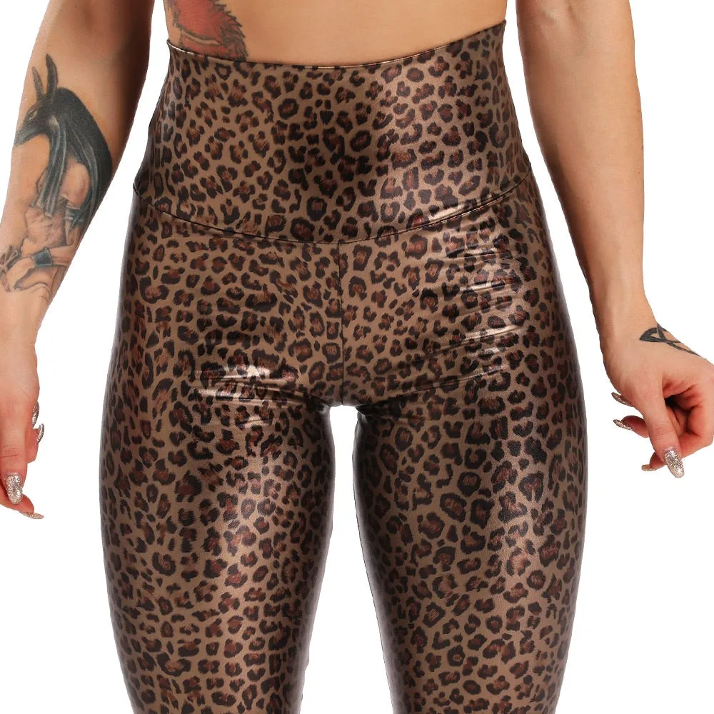 Womens Elastic High Waist Leopard Faux Leather Pants