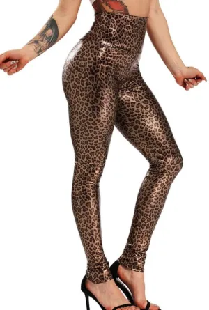 Womens Elastic High Waist Leopard Faux Leather Pants