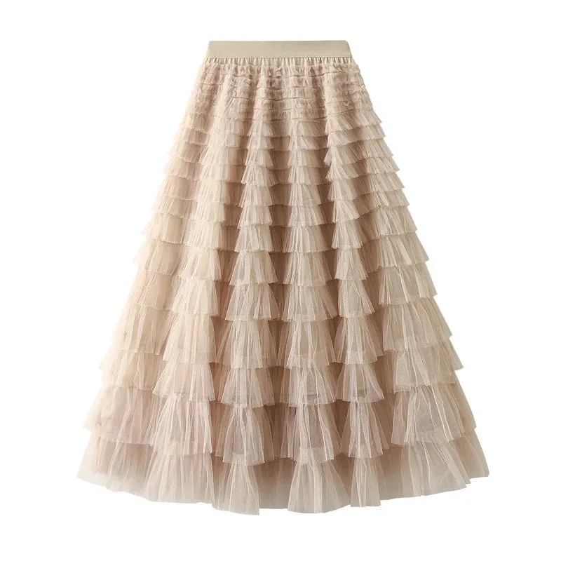Women's Layered Ruffles Mesh Sheet Midi Long A Line Skirt Puffy Cake Elegant Vintage Elastic Waist Tulle Skirt