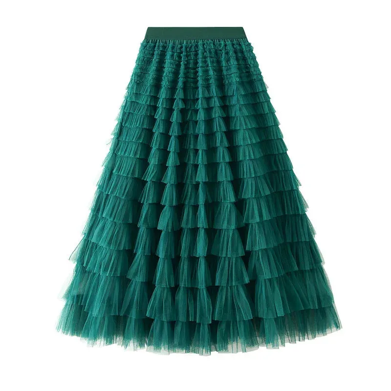 Women's Layered Ruffles Mesh Sheet Midi Long A Line Skirt Puffy Cake Elegant Vintage Elastic Waist Tulle Skirt