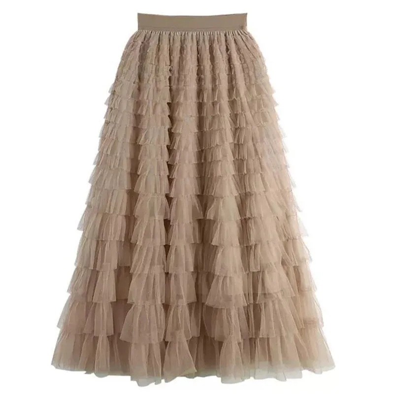 Women's Layered Ruffles Mesh Sheet Midi Long A Line Skirt Puffy Cake Elegant Vintage Elastic Waist Tulle Skirt