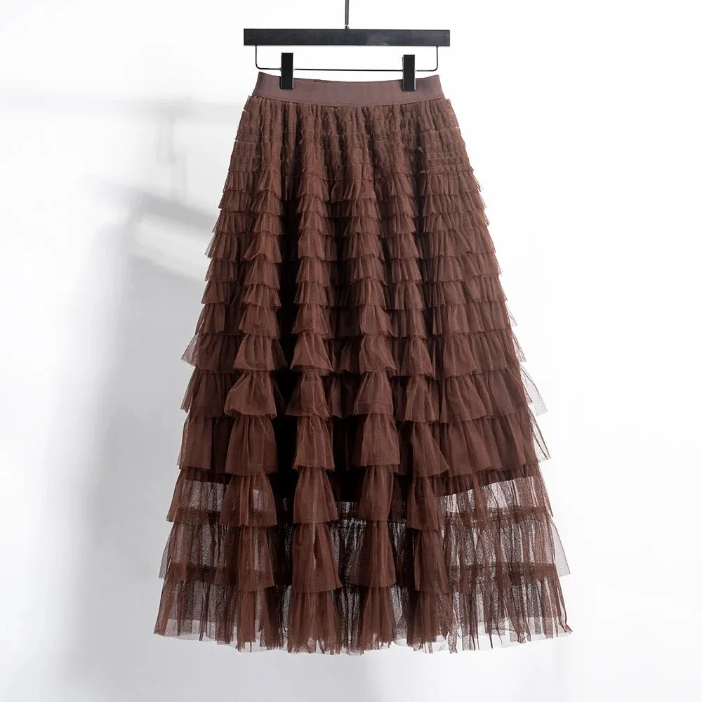 Women's Layered Ruffles Mesh Sheet Midi Long A Line Skirt Puffy Cake Elegant Vintage Elastic Waist Tulle Skirt