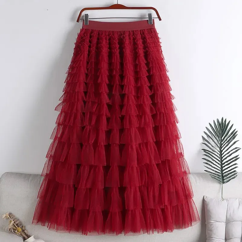 Women's Layered Ruffles Mesh Sheet Midi Long A Line Skirt Puffy Cake Elegant Vintage Elastic Waist Tulle Skirt