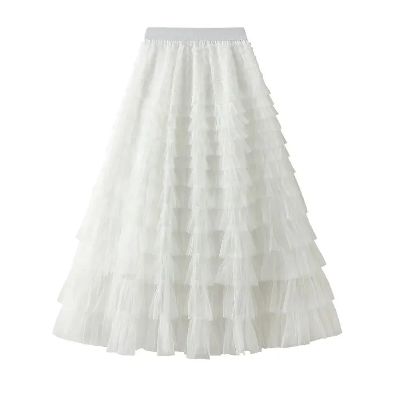 Women's Layered Ruffles Mesh Sheet Midi Long A Line Skirt Puffy Cake Elegant Vintage Elastic Waist Tulle Skirt