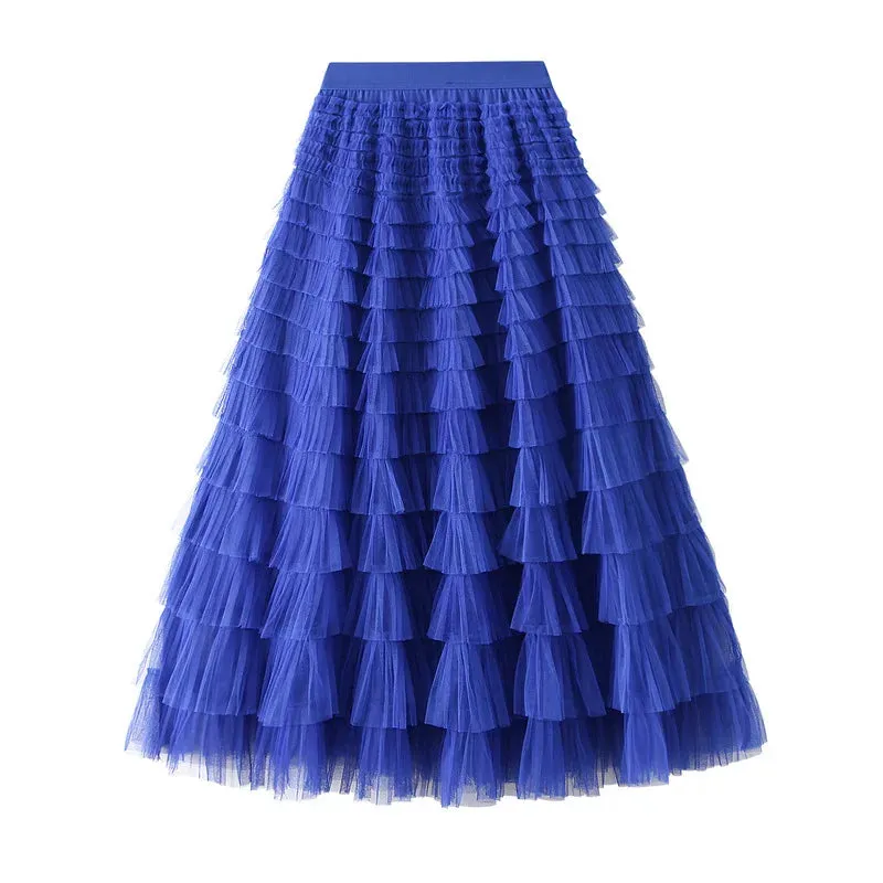 Women's Layered Ruffles Mesh Sheet Midi Long A Line Skirt Puffy Cake Elegant Vintage Elastic Waist Tulle Skirt