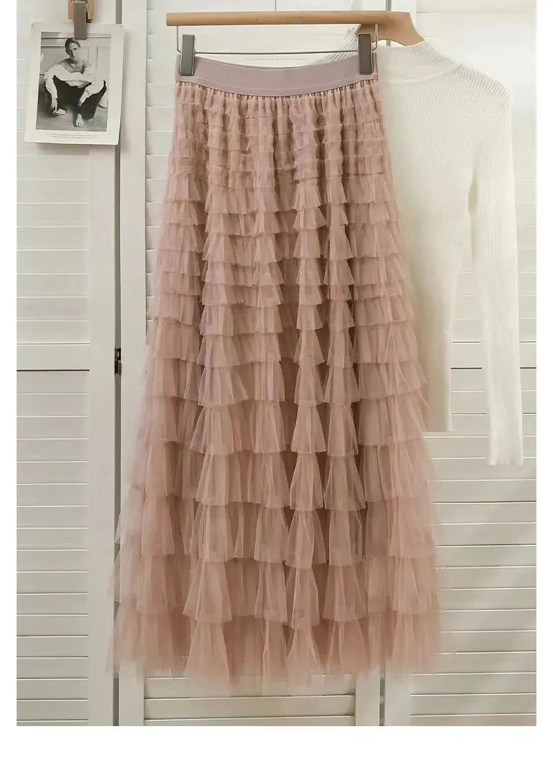 Women's Layered Ruffles Mesh Sheet Midi Long A Line Skirt Puffy Cake Elegant Vintage Elastic Waist Tulle Skirt