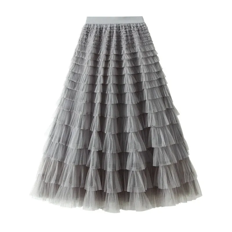 Women's Layered Ruffles Mesh Sheet Midi Long A Line Skirt Puffy Cake Elegant Vintage Elastic Waist Tulle Skirt