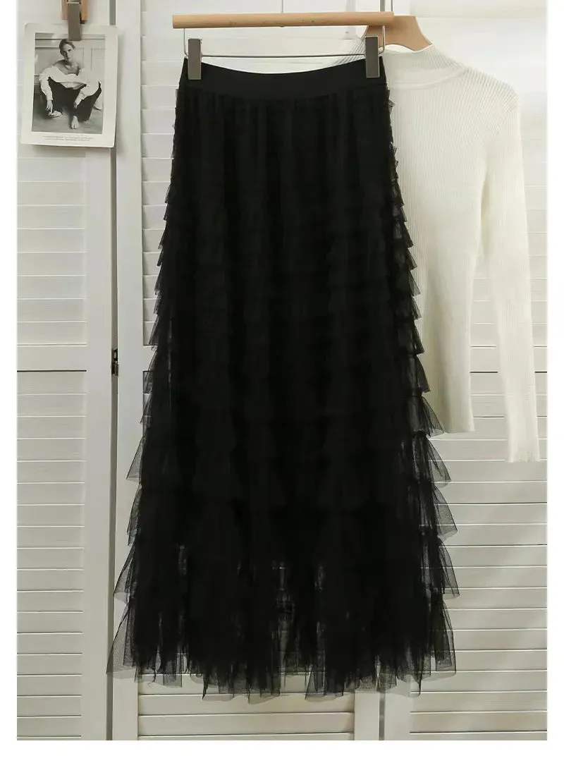 Women's Layered Ruffles Mesh Sheet Midi Long A Line Skirt Puffy Cake Elegant Vintage Elastic Waist Tulle Skirt