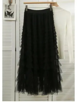 Women's Layered Ruffles Mesh Sheet Midi Long A Line Skirt Puffy Cake Elegant Vintage Elastic Waist Tulle Skirt