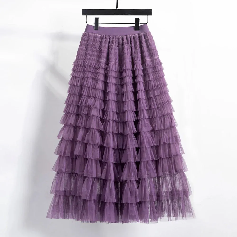 Women's Layered Ruffles Mesh Sheet Midi Long A Line Skirt Puffy Cake Elegant Vintage Elastic Waist Tulle Skirt