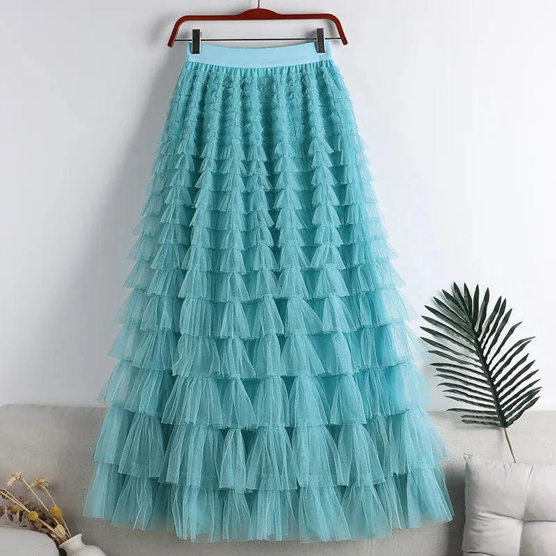 Women's Layered Ruffles Mesh Sheet Midi Long A Line Skirt Puffy Cake Elegant Vintage Elastic Waist Tulle Skirt