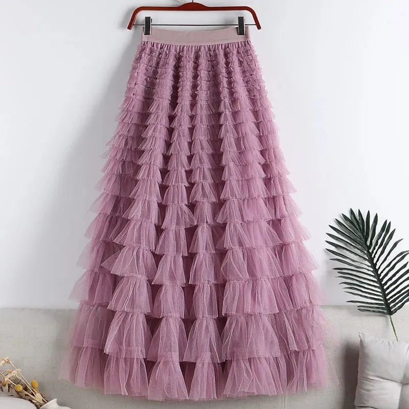 Women's Layered Ruffles Mesh Sheet Midi Long A Line Skirt Puffy Cake Elegant Vintage Elastic Waist Tulle Skirt