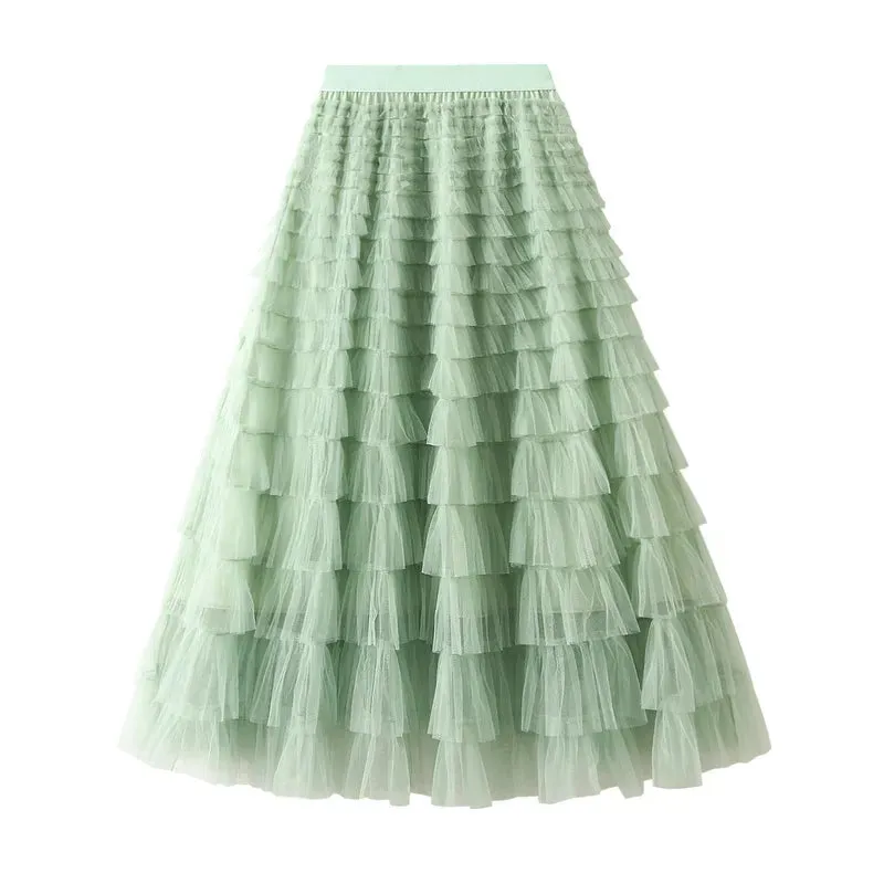 Women's Layered Ruffles Mesh Sheet Midi Long A Line Skirt Puffy Cake Elegant Vintage Elastic Waist Tulle Skirt