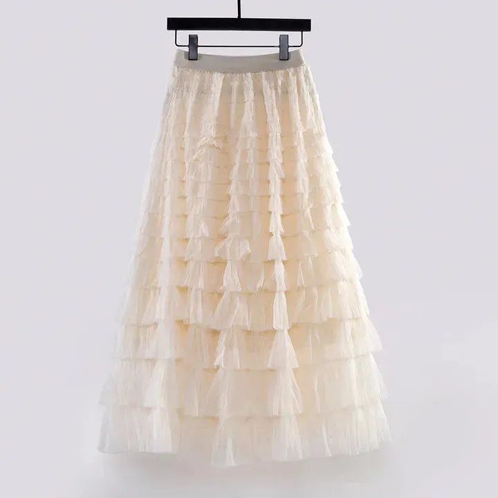 Women's Layered Ruffles Mesh Sheet Midi Long A Line Skirt Puffy Cake Elegant Vintage Elastic Waist Tulle Skirt