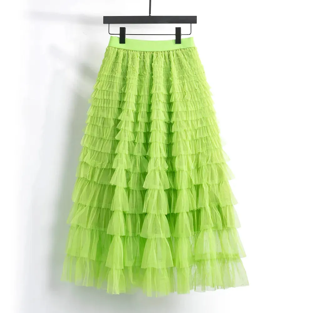 Women's Layered Ruffles Mesh Sheet Midi Long A Line Skirt Puffy Cake Elegant Vintage Elastic Waist Tulle Skirt