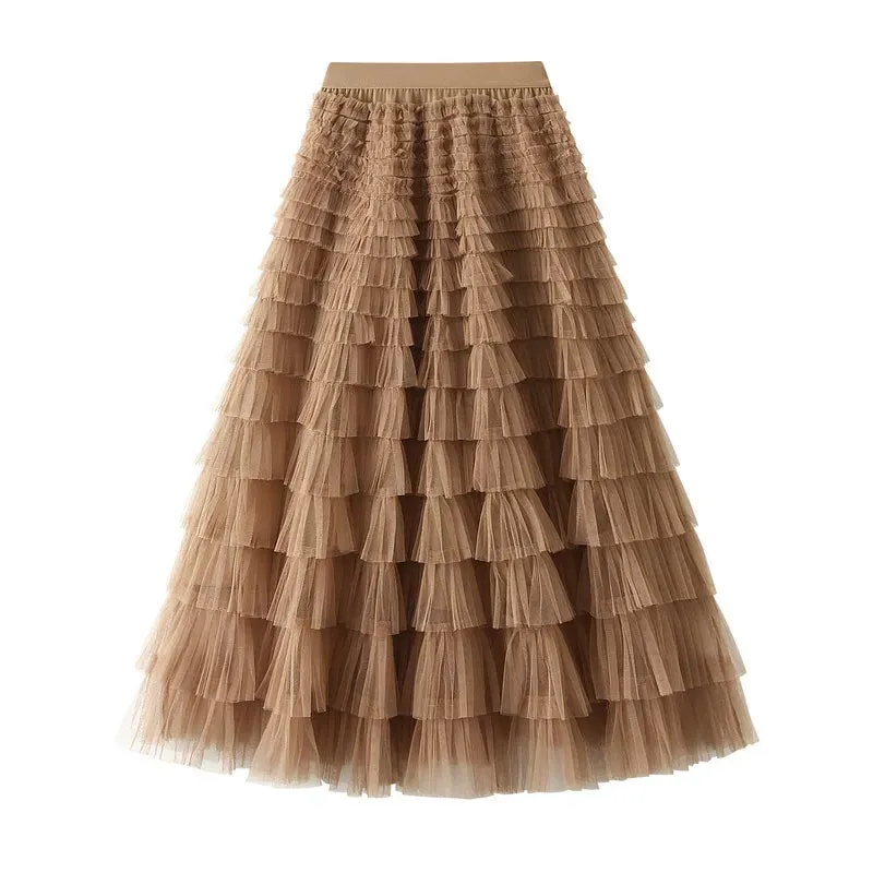 Women's Layered Ruffles Mesh Sheet Midi Long A Line Skirt Puffy Cake Elegant Vintage Elastic Waist Tulle Skirt