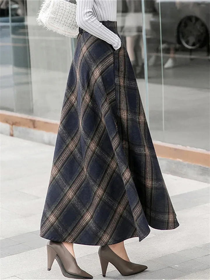 Women's Warm Thick High-waisted A-line Woolen Plaid Skirt