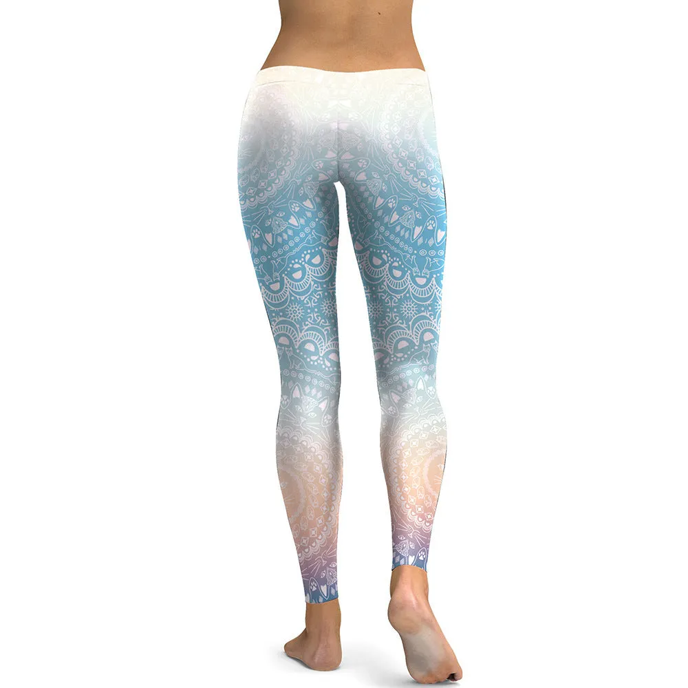 Women's Yoga Leggings - 3D Faded Blue Mandala