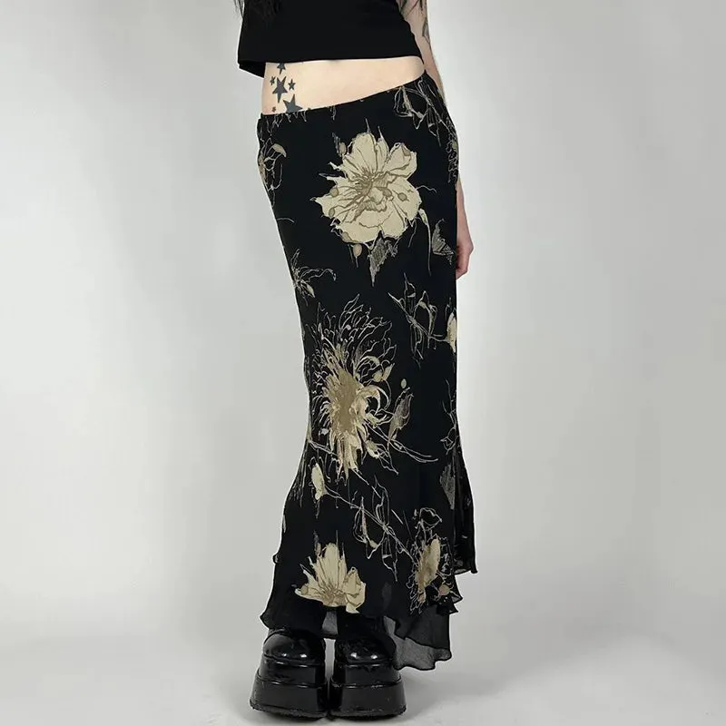 Y2K Aesthetic Floral Print Double Layer Mesh A-Line Fairy Skirt