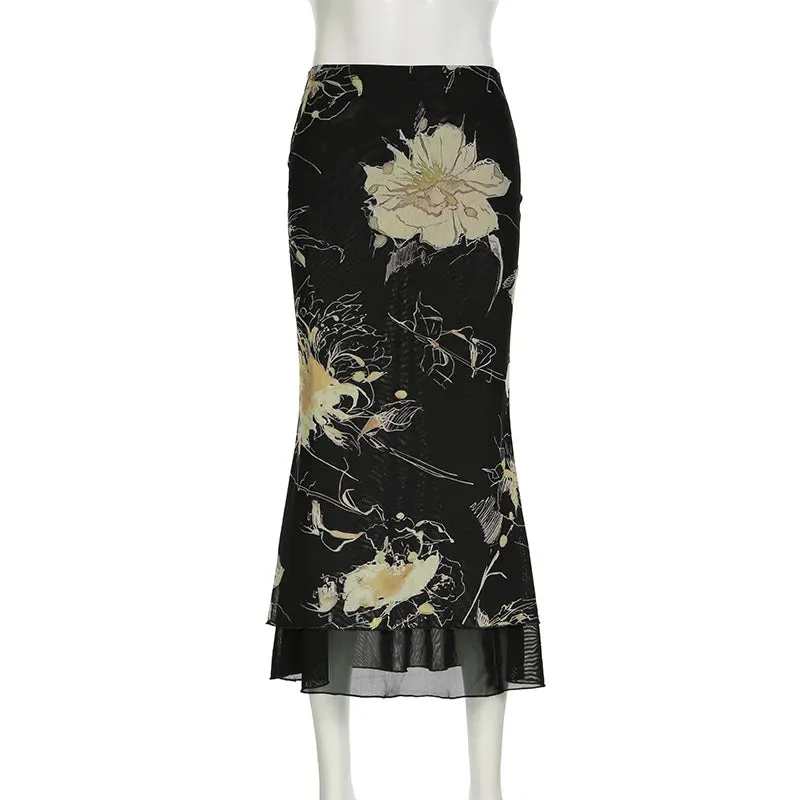 Y2K Aesthetic Floral Print Double Layer Mesh A-Line Fairy Skirt