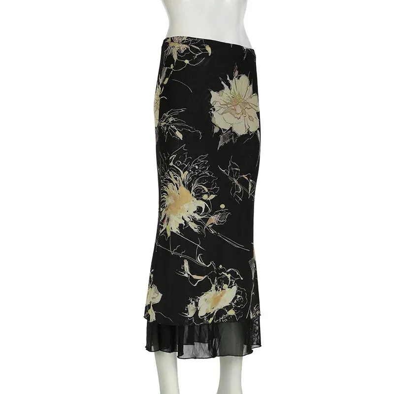 Y2K Aesthetic Floral Print Double Layer Mesh A-Line Fairy Skirt