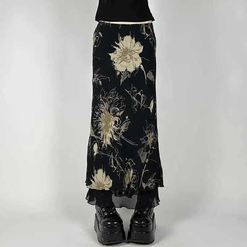 Y2K Aesthetic Floral Print Double Layer Mesh A-Line Fairy Skirt