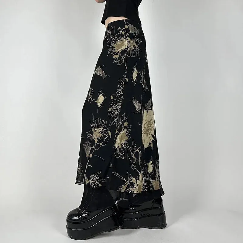 Y2K Aesthetic Floral Print Double Layer Mesh A-Line Fairy Skirt